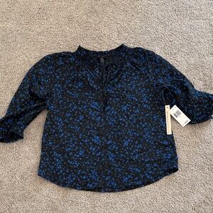 Aqua Black Blouse with Blue Floral Dot Print